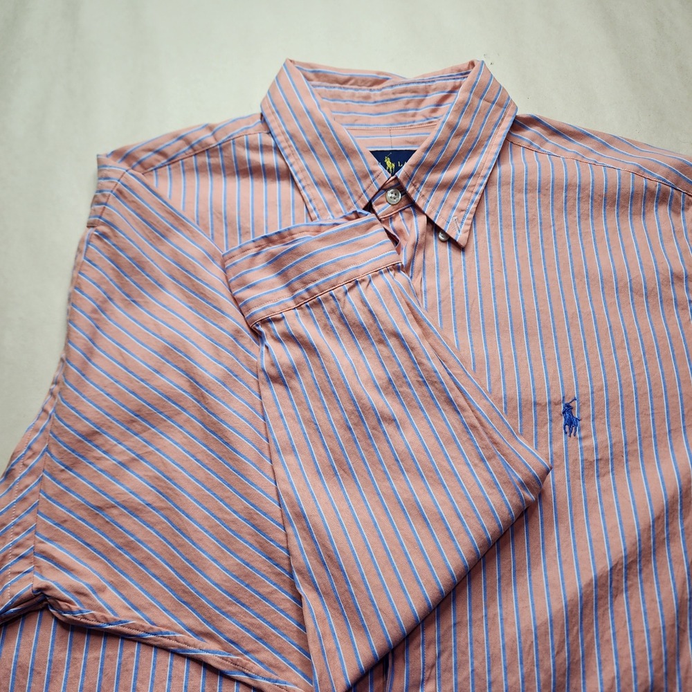 Ralph Lauren Classic Fit Striped Button Down Shirt‎ peach Blue Men 16.5 32-33